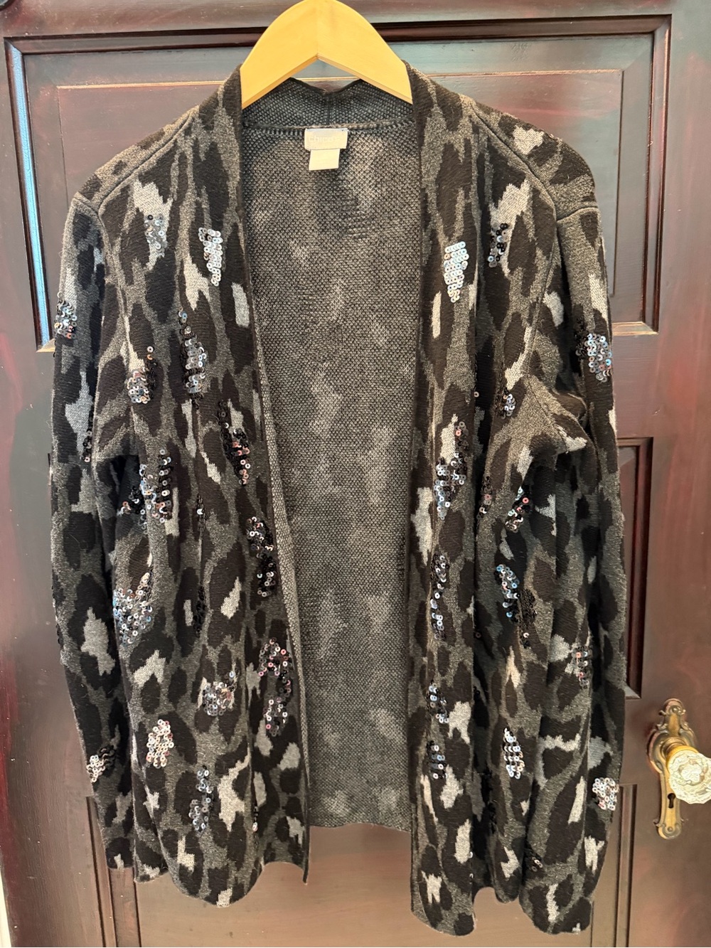 Chico's Black & Gray Sequin Leopard Open Cardigan XL